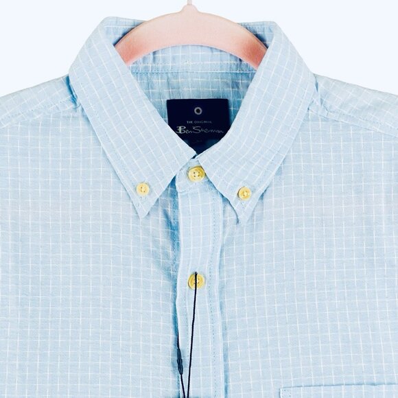 Ben Sherman Men's Plaid Short Sleeve Blue Shirt Size Small Textured Slub NWT - Picture 2 of 12